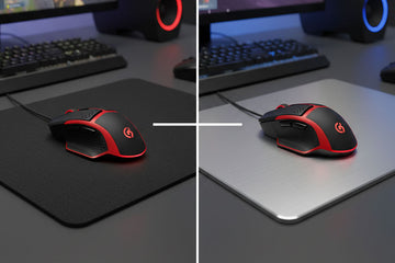 Cloth mouse pad versus hard mouse pad comparison showing texture differences and gaming setup