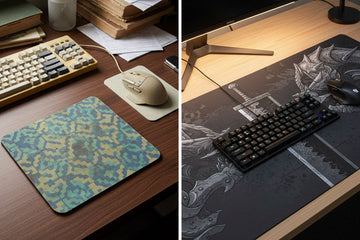 A comparison image showing a small mouse pad versus a large anime desk mat that covers a full desk setup.