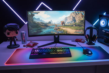 Professional gaming setup featuring an RGB gaming mouse pad with high-performance gaming mouse for competitive FPS gaming