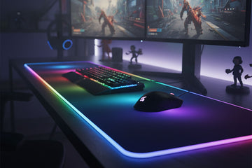 RGB gaming mouse pad with customizable lighting effects on modern gaming desk setup