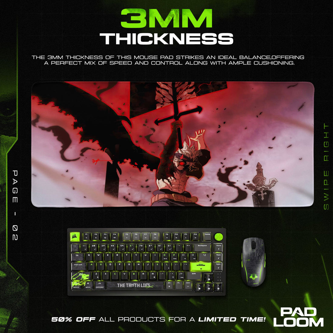 Asta Black Divider Mouse Pad, Anime Gaming Desk Mat Padloom