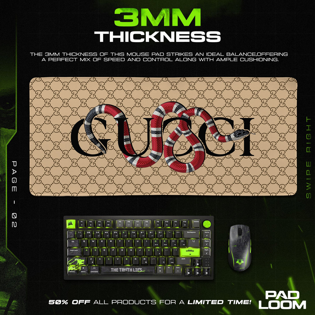 Luxury Serpent Black Mouse Pad - Designer Monogram Gaming Desk Mat Padloom