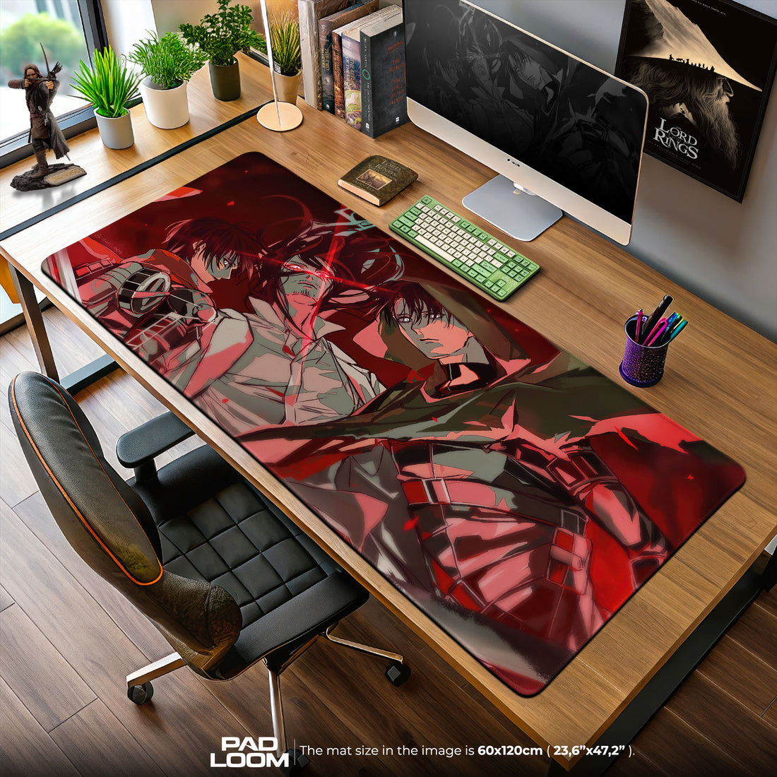 Large gaming mouse pad with anime design on a desk with computer setup