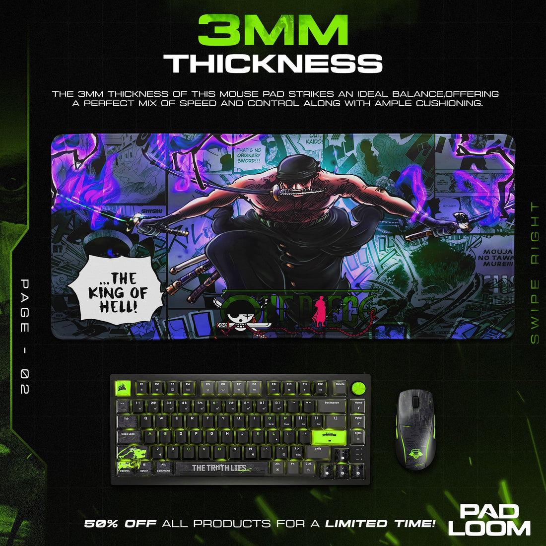 Roronoa Zoro Mouse Pad - King of Hell Anime Desk Mat Padloom