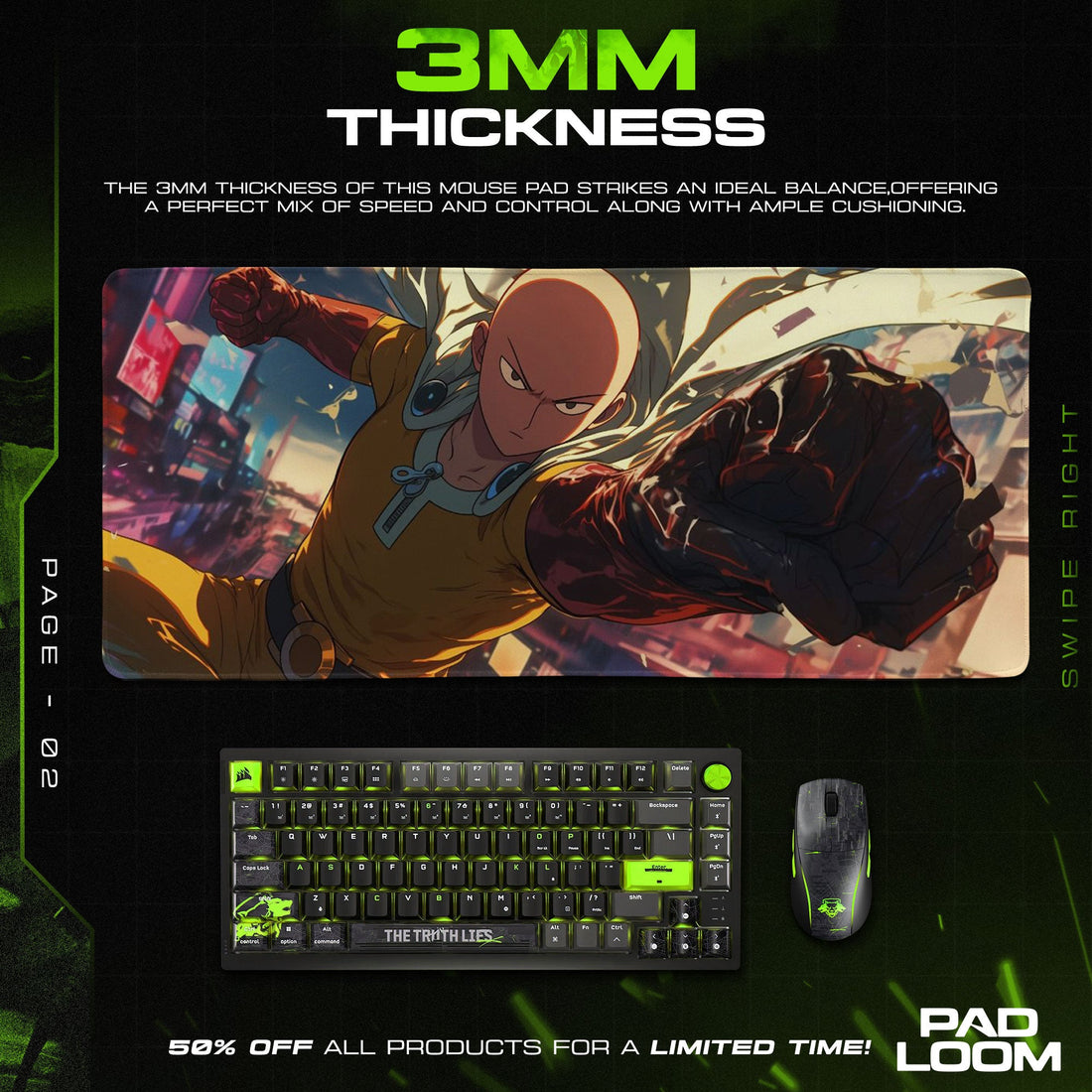 Saitama Mouse Pad - Power Surge Anime Desk Mat Padloom