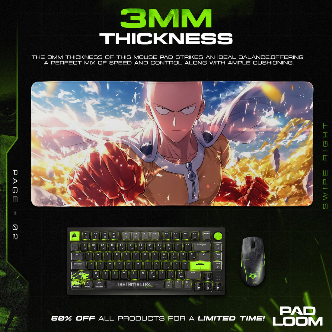 Saitama Mouse Pad - Power Surge Anime Desk Mat Padloom