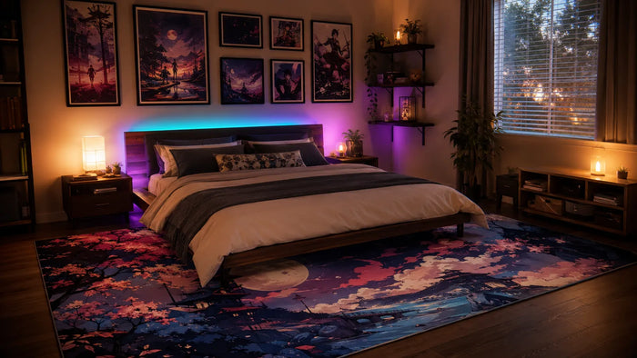 A cozy anime bedroom with a queen bed centered on a large printed anime rug and accent lighting