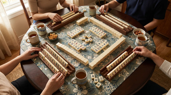 Four-player mahjong game on a floral neoprene mahjong mat