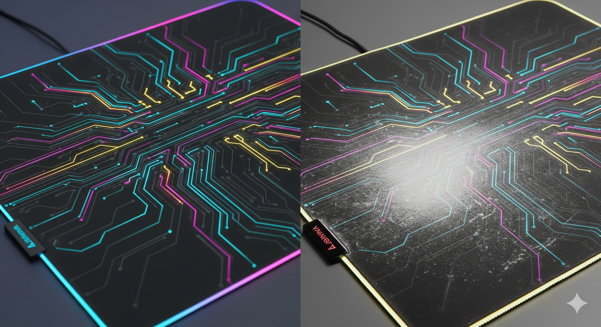 Split image showing worn mouse pad texture on left versus pristine new mouse pad surface on right
