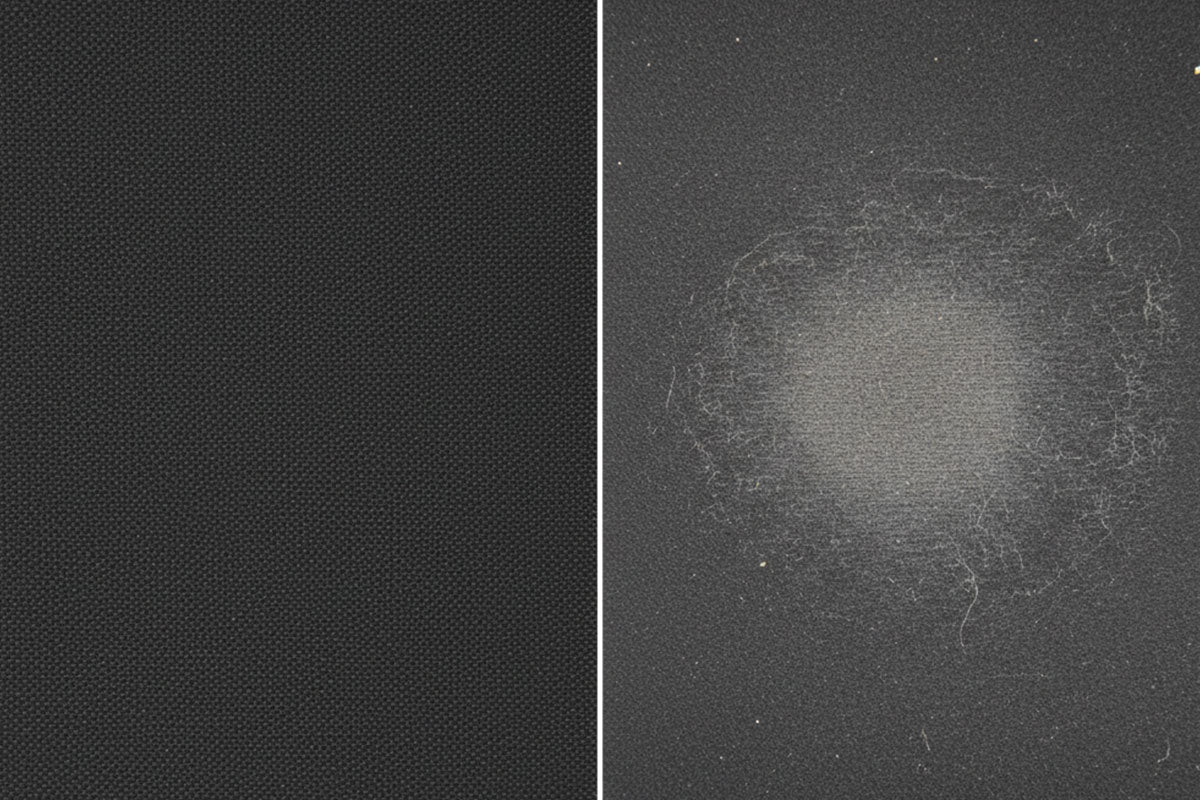 Comparison showing new mouse pad fabric texture versus worn out mouse pad with visible surface damage