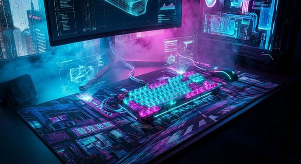 Cyberpunk 2077 Style: Neon & Glitch Art Desk Mats for Your Setup
