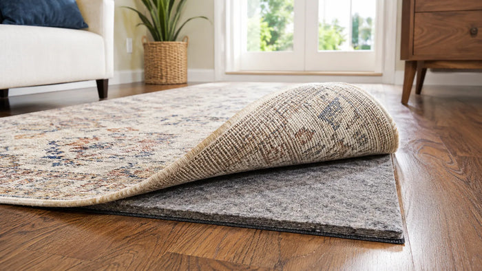 A corner of a patterned area rug lifted to reveal a felt-and-rubber rug pad underneath on a hardwood floor