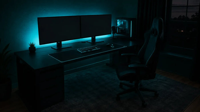 Gaming setup at night with bias lighting behind the monitors and a rug covering the chair zone