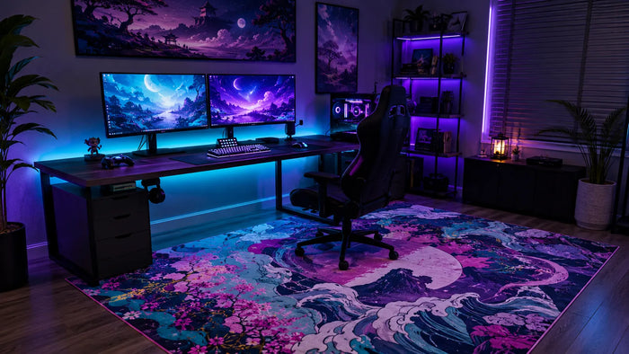A gaming desk and chair set up on a bold anime-style area rug with cyan and purple RGB lighting