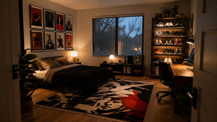 Complete streetwear bedroom with graphic rug, framed poster grid, lit shoe shelf and desk