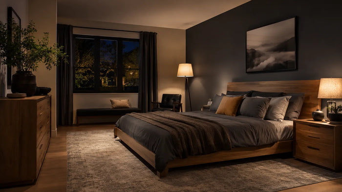 Masculine bedroom with a charcoal feature wall, oak furniture and a large low-pile area rug