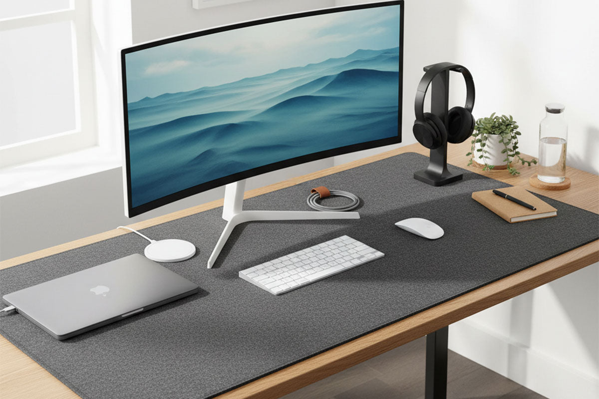 Modern desk setup featuring a large mouse pad extending across the entire workspace with keyboard and mouse