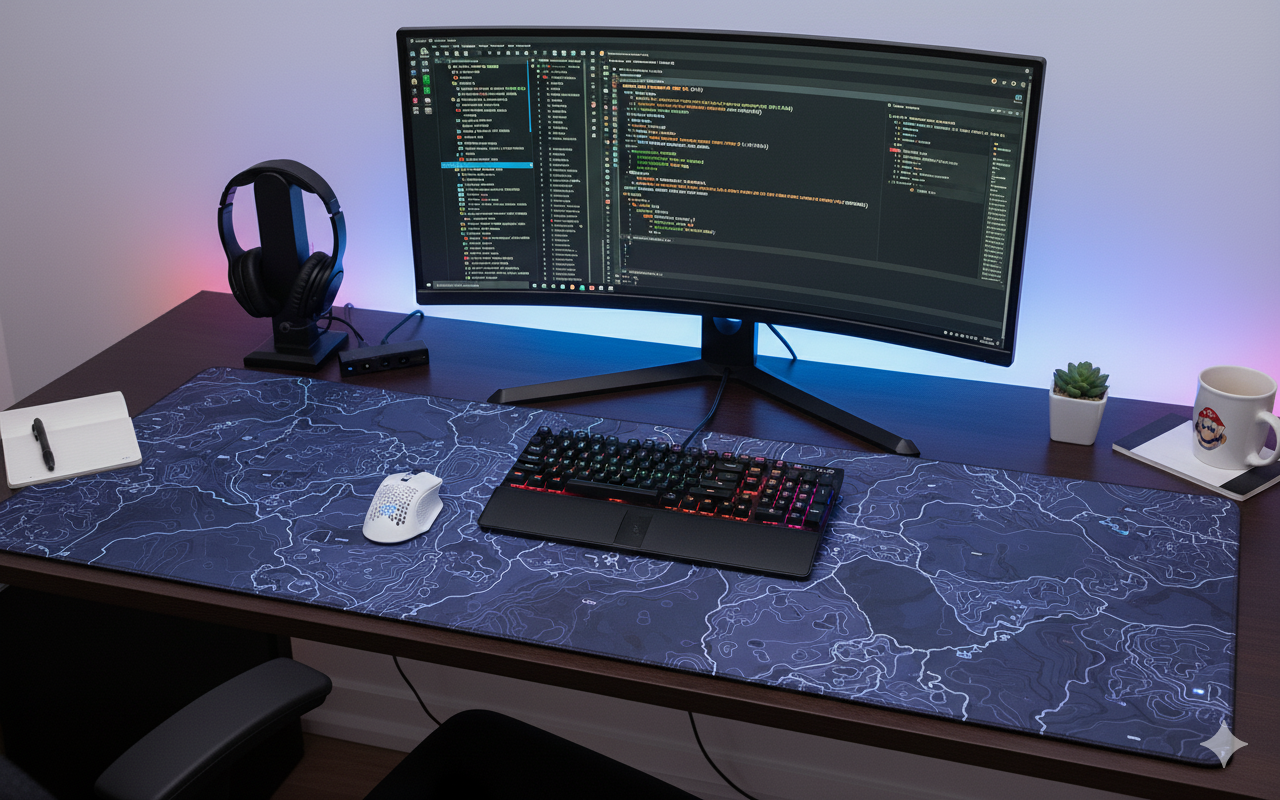 Computer mouse on different surfaces including mouse pad, desk mat, and bare desk comparing tracking performance