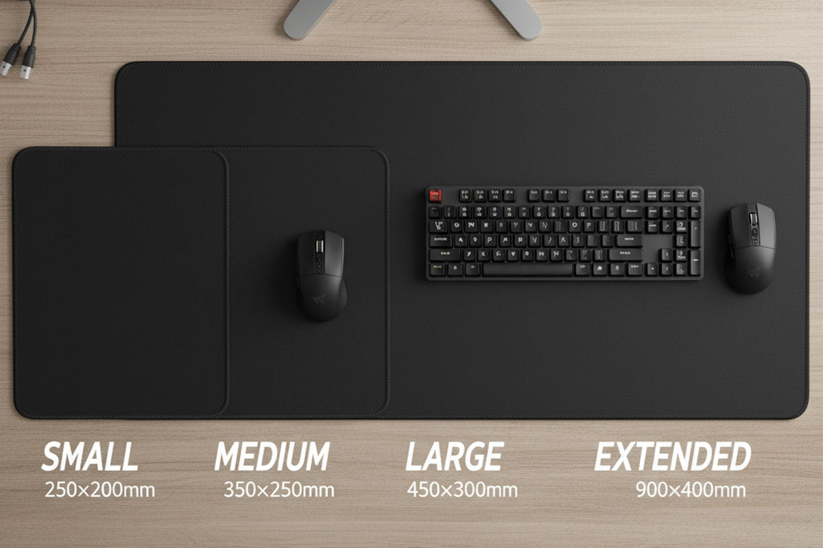 Mouse pad size comparison showing small medium large and extended desk mat options