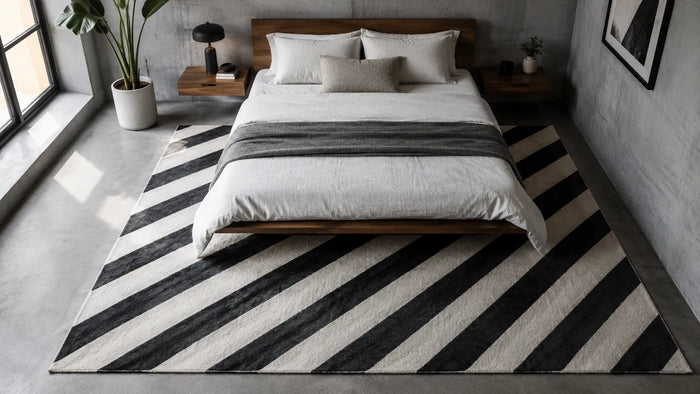 Diagonal black and white industrial stripe area rug in a minimal concrete-walled bedroom
