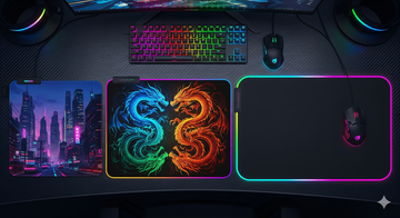 Comparison of small, medium, large, and extended desk mat mouse pad sizes on gaming desk
