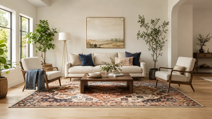 A bright modern living room with a large patterned area rug anchoring the sofa and armchairs