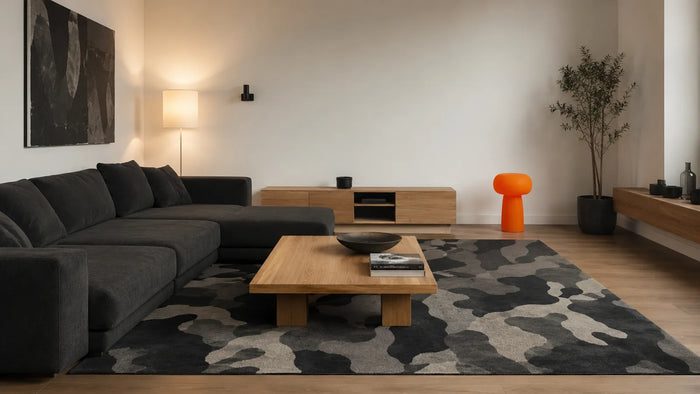 Neutral room with off-white walls, a charcoal sofa, a camouflage area rug and one orange accent