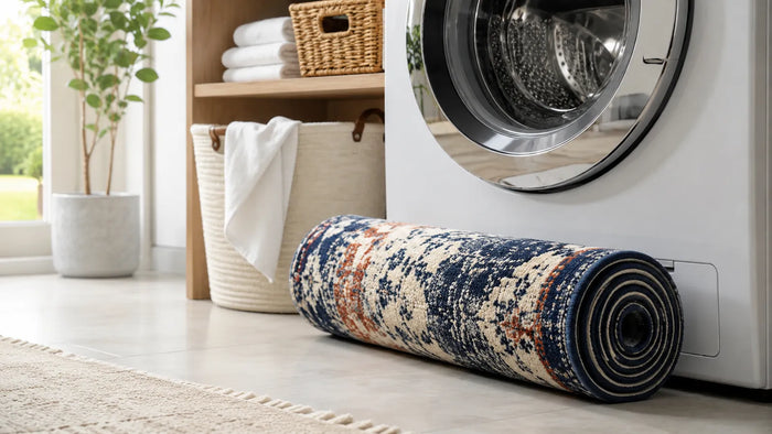 A low-pile printed area rug rolled beside a front-load washing machine, showing it is machine washable