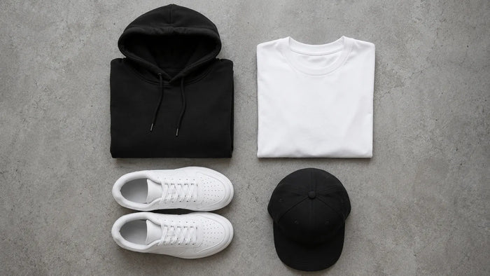 Flat lay of a heavyweight black hoodie, a plain white tee, sneakers and a cap on concrete grey