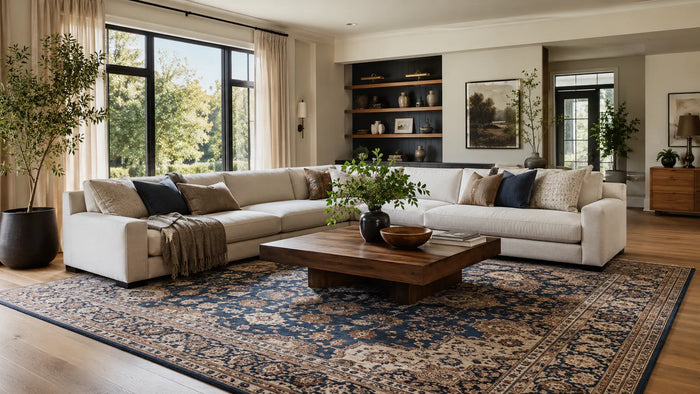 A living room with a large sectional sofa sitting on a big patterned area rug