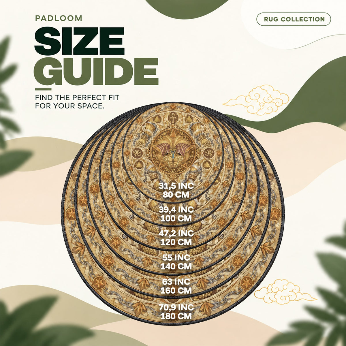 Exodia Chained round rug size guide, 80 to 180 cm (31.5 to 70.9 in)