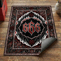 Gothic 666 hellfire area rug with blackletter numbers flames pentagrams and chain border