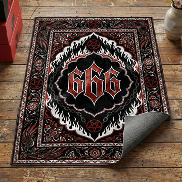 Gothic 666 hellfire area rug with blackletter numbers flames pentagrams and chain border