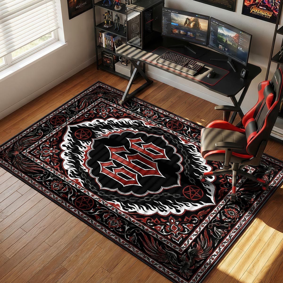 666 hellfire rug placed in a music room with guitars and dark band posters on walls