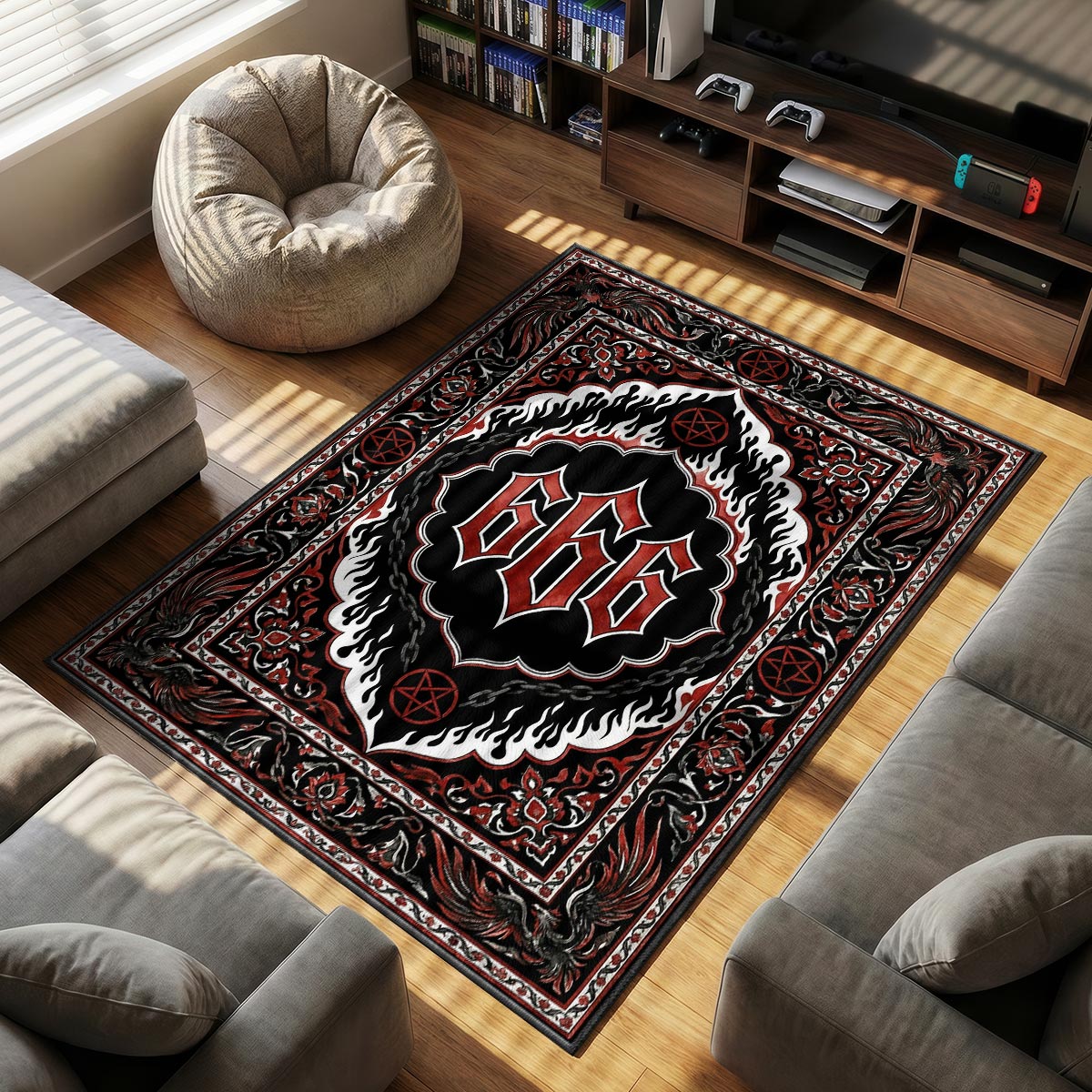 Detail of 666 rug showing flame gradient effect and pentagram border on dye-sublimation velvet