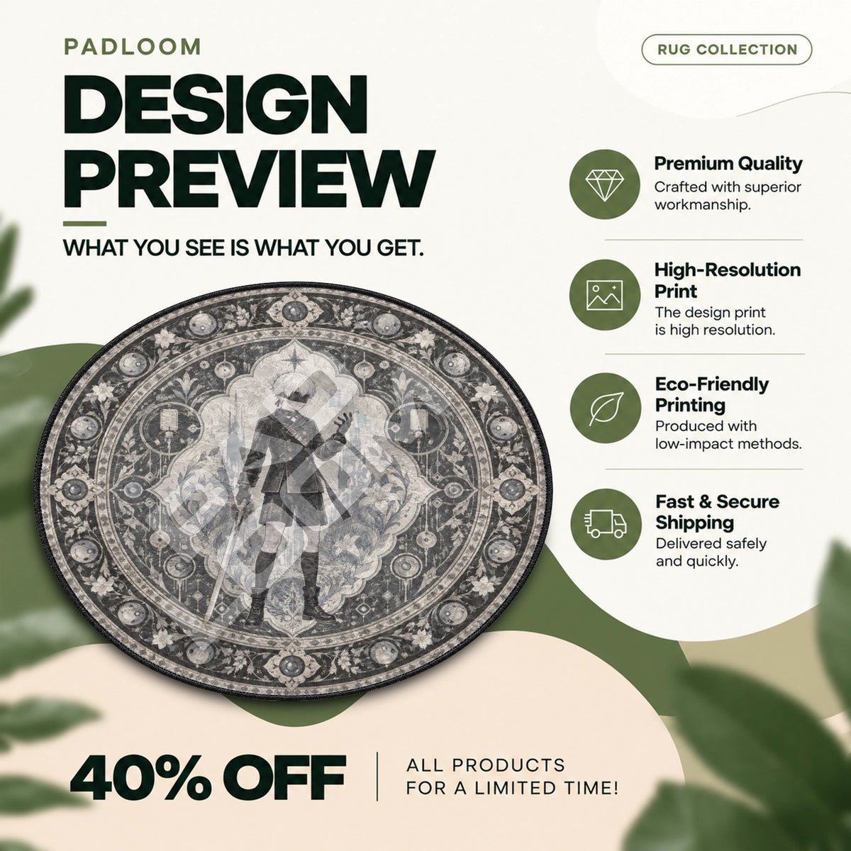 9S Monochrome Round Rug - NieR Chair Mat