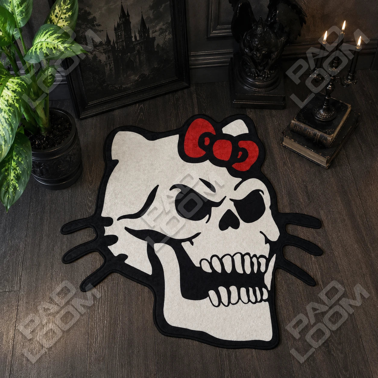 Hello Kitty Skull shaped rug shown in a room setting