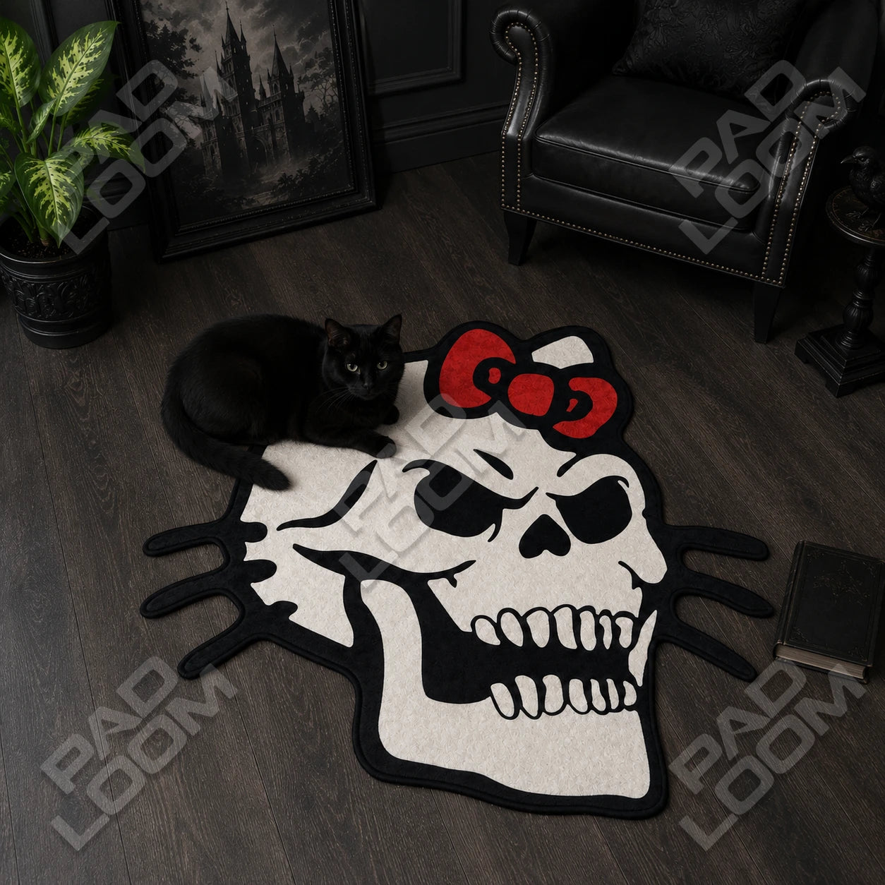 Hello Kitty Skull shaped rug close-up, soft washable pile