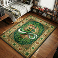 Boston Celtics green and gold leprechaun rug with shamrock motif and Celtic knot baroque border