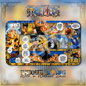 Sabo Flame Dragon One Piece playmat, orange and multicolor manga collage with built-in zones, 24 x 14 in TCG mat