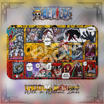 Eustass Kid Punk Gibson One Piece playmat, multicolor manga collage with built-in zones, 24 x 14 in TCG mat