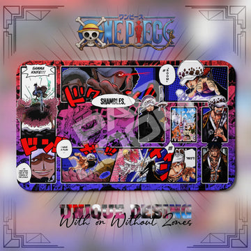 Trafalgar Law Shambles One Piece playmat, red and multicolor manga collage with built-in zones, 24 x 14 in TCG mat