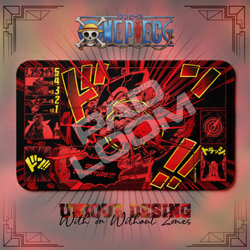 Shanks Divine Departure One Piece playmat, red and black manga collage with built-in zones, 24 x 14 in TCG mat