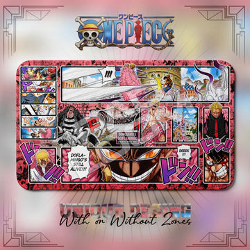 Doflamingo Dressrosa One Piece playmat, red and multicolor manga collage with built-in zones, 24 x 14 in TCG mat