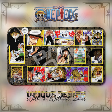 Lucci Enies Lobby One Piece playmat, brown and multicolor manga collage with built-in zones, 24 x 14 in TCG mat