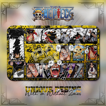 Blackbeard Black Hole One Piece playmat, gold and multicolor manga collage with built-in zones, 24 x 14 in TCG mat