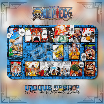 Usopp Sniper King One Piece playmat, blue and multicolor manga collage with built-in zones, 24 x 14 in TCG mat