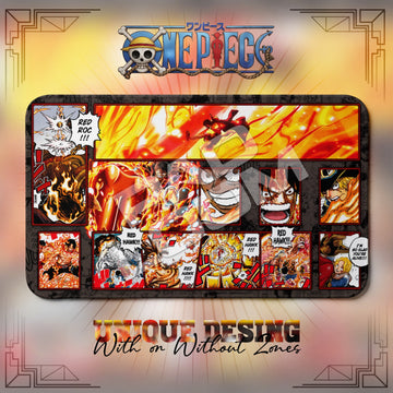 ASL Brothers Red Hawk One Piece playmat, orange and multicolor manga collage with built-in zones, 24 x 14 in TCG mat