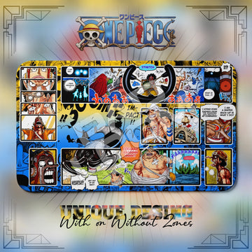 Usopp Haki One Piece playmat, blue and multicolor manga collage with built-in zones, 24 x 14 in TCG mat