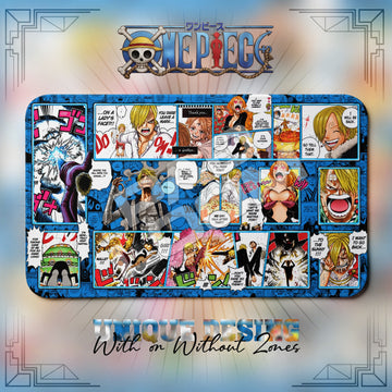 Sanji Black Leg One Piece playmat, blue and multicolor manga collage with built-in zones, 24 x 14 in TCG mat
